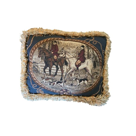Vintage Equestrian Tapestry Pillow With Fringe Fox Hunt - Picture 2 of 2